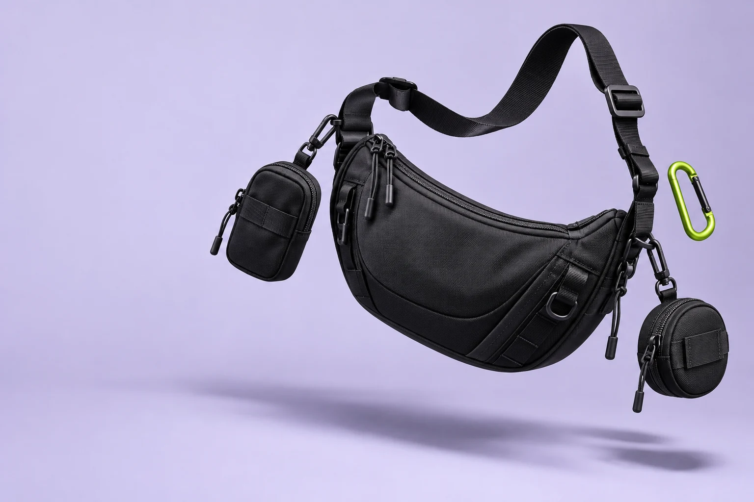 Black modular crossbody bag and detachable pouches in an exploded product layout on lilac