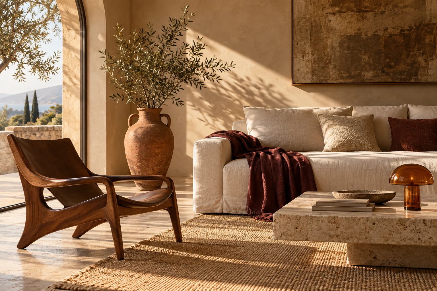 Warm plaster room with a walnut lounge chair, linen sofa, travertine table and amber lamp
