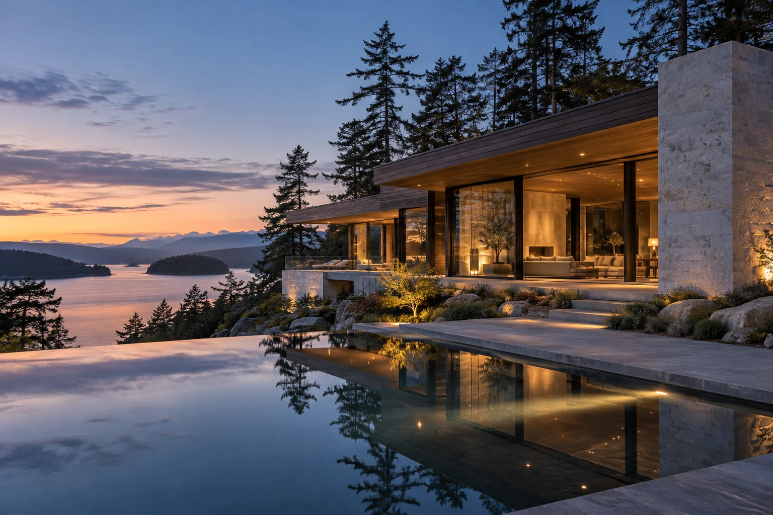 Original editorial concept of a cedar and limestone residence beside a wooded inlet at blue hour