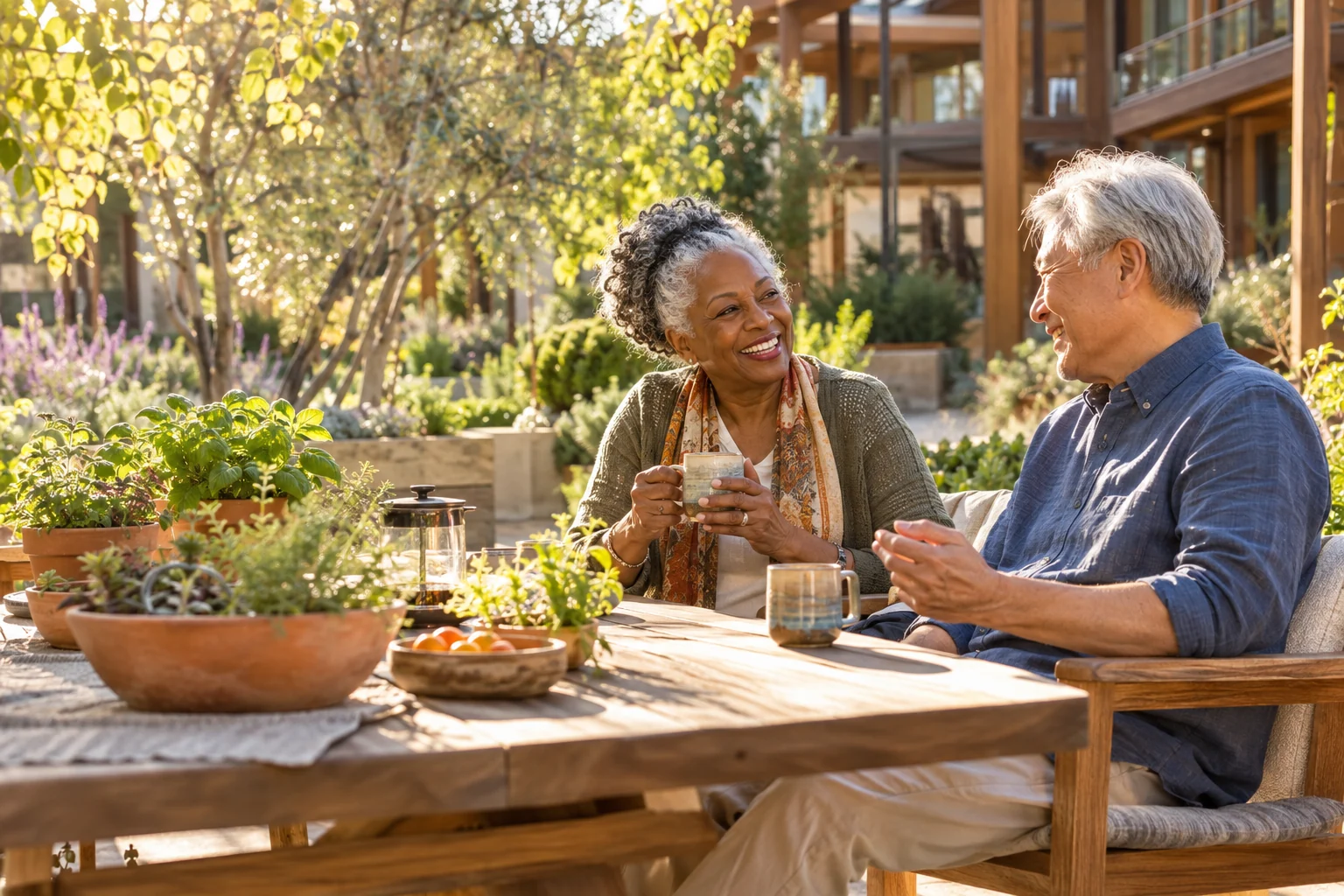 Two older friends sharing a relaxed conversation in a sunlit community garden